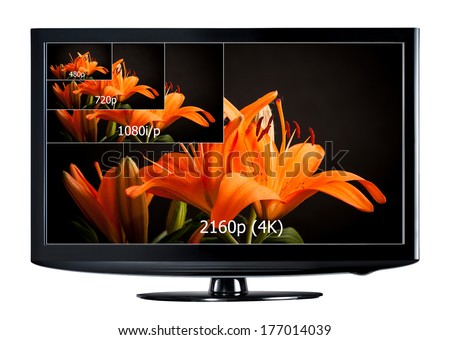 4K television display with comparison of resolutions. Ultra HD on on modern TV Royalty-Free Stock Photo #177014039