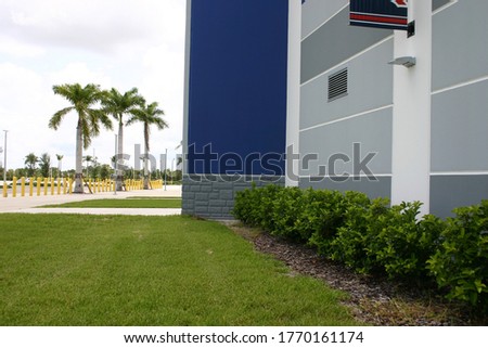 Colorful corporate buildings close up angles with palm trees
