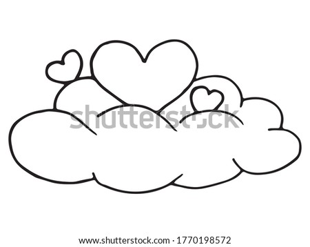 There are three hearts in the clouds.  One heart is big in the center.  the other two hearts are spread farther and on the sides.  Outline drawing.  Doodle style.