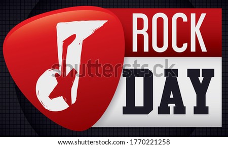 Loose-leaf calendar and red plectrum with musical note and electric guitar silhouette inside of it, over amplifier in the background ready to celebrate Rock Day.