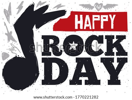 Design like calendar with music note silhouette in brushstroke style with doodles of electric guitar, plectrum, winged heart, horns gesture and lightnings doodles to celebrate a happy Rock Day.
