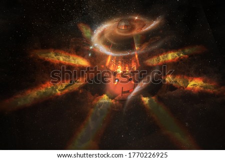 Spaceship launch in a style of cartoon character with flame and clouds of stars around and spiral galaxy at the front of. Elements of this image furnished by NASA.