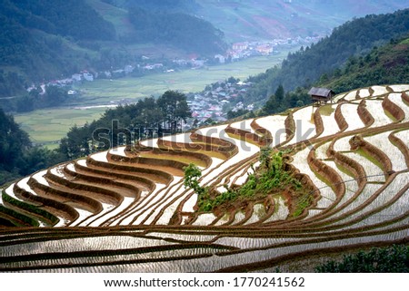 The curved lines of terraced rice field during the watering season at the time before starting to grow rice in Lao Chai, Mu Cang Chai, VN