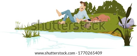 Young man resting near water. Funny people. Stock illustration. 