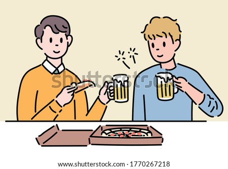 Two men are sitting at the table and eating pizza and beer. hand drawn style vector design illustrations.