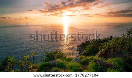Beautiful light of nature sunset or sunrise sky over mountain Beautiful tropical sea landscape