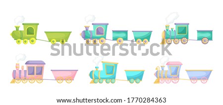 Collection of cute cartoon baby's trains isolated on white background. Set of different models of trains for design of kid's rooms clothing textiles album card invitation. Flat vector illustration.