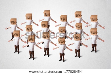 Group of men gesturing with exclamation marks drawn on box on their head