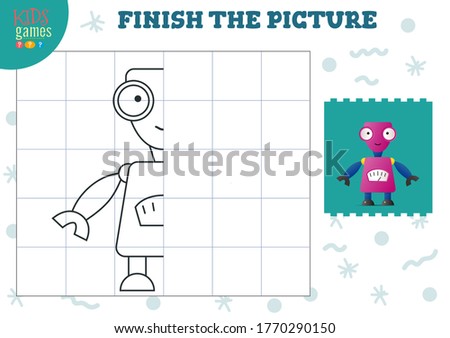 Copy picture vector illustration. Complete and coloring game for preschool and school kids. Cute funny big eyed robot for drawing and education activity