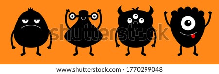 Monster black silhouette set line. Happy Halloween. Cute cartoon kawaii sad character icon. Eyes, horns, hands up, tongue. Funny baby collection. Orange background. Isolated. Flat design