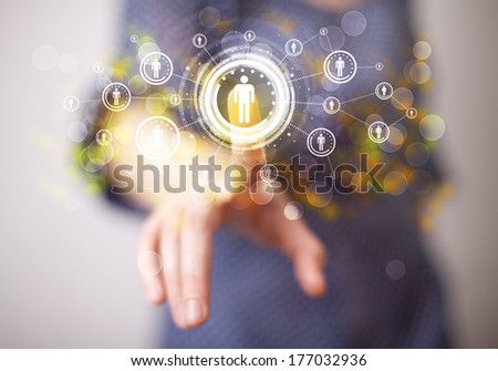Young woman touching future technology social network button  Royalty-Free Stock Photo #177032936