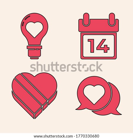 Set Heart in speech bubble, Heart shape in a light bulb, Calendar with February 14 and Candy in heart shaped box icon. Vector
