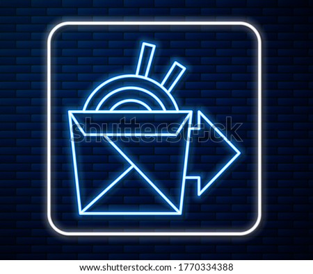 Glowing neon line Online ordering and noodles delivery icon isolated on brick wall background.  Vector Illustration