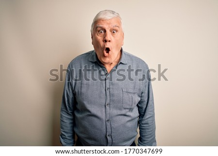 Senior handsome hoary man wearing casual shirt standing over isolated white background afraid and shocked with surprise expression, fear and excited face.