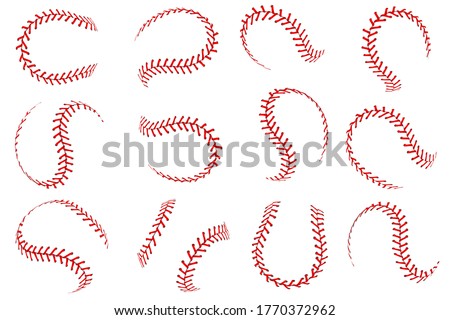 Baseball ball lace. Realistic softball balls with red threads stitches graphic elements, spherical stroke lines for sport leather balls, vector isolated set