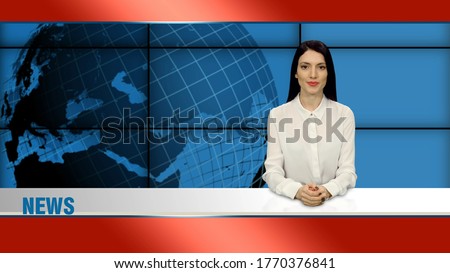 Stylish brunette anchorwoman in white blouse sits in broadcasting studio and telling the news