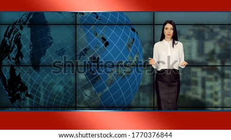 Elegant female newscaster  in white blouse and black skirt telling news in tv studio