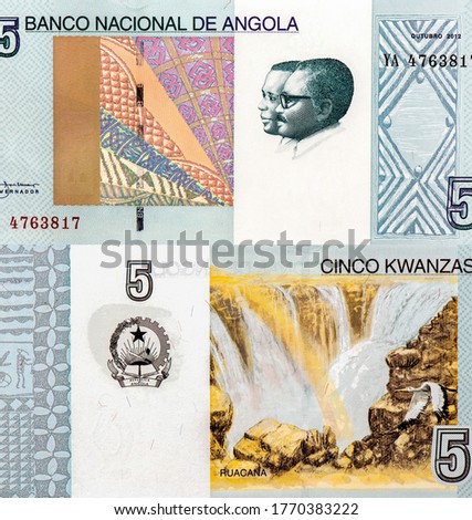 Jose Eduardo dos Santos. Antonio Agostinho Neto. the first President of Angola (1975 - 1979). Portrait from Angola 5 Kwanzas 2012 Banknotes.
