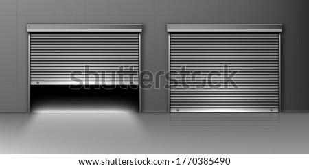 Garage doors, hangar entrances with roller shutters. Warehouse exterior with close and open boxes, Realistic 3d vector storage for car parking or rent, rooms for repair service with metal doorways Royalty-Free Stock Photo #1770385490