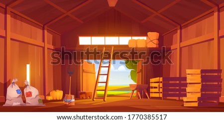 Barn on farm with harvest, straw and hay. Vector cartoon interior of old wooden shed with haystack on loft, ladder, fork, bags and pumpkin. Rural barnhouse for storage harvest Royalty-Free Stock Photo #1770385517
