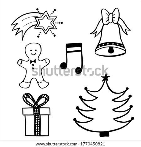 Set of simple hand drawn vector illustrations in black and white doodle style Christmas time