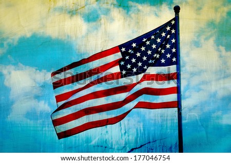American flag waving with flagpole on Abstract cloud background