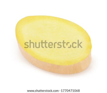 Fresh ginger slice isolated on a white background. Clip art image for package design.