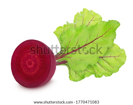 Half of fresh beet with leaves isolated on a white background. Clip art image for package design.