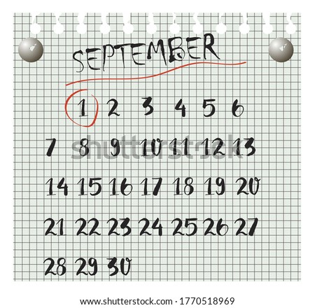 Vector graphics, checkered sheet, September 1 calendar. Flat design.
