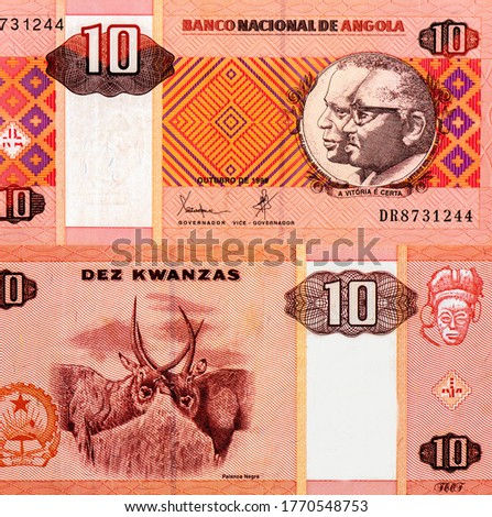 Jose Eduardo dos Santos. Antonio Agostinho Neto. Portrait from Angola 10 Kwanzas 1999 Banknotes.