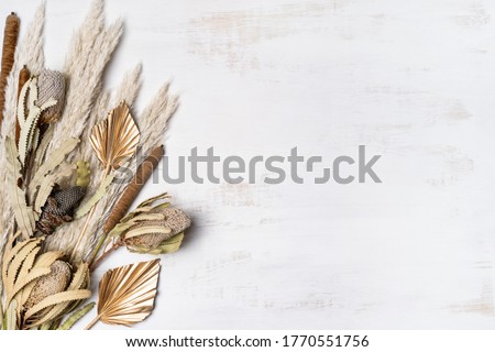 Beautiful dried flower flay lay composition of Australian native Banksia, Pampas grass, gold painted palm fronds and bulrush, on a rustic white background. Space for copy.