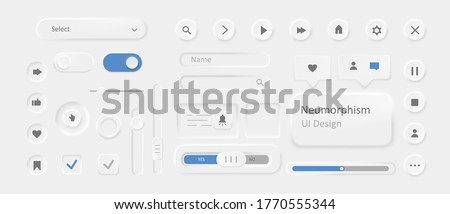 Icons in style of neomorphism. Modern ui design with stylish blur and shadow intensity unique futuristic white design trendy minimalistic buttons creative vector. Royalty-Free Stock Photo #1770555344