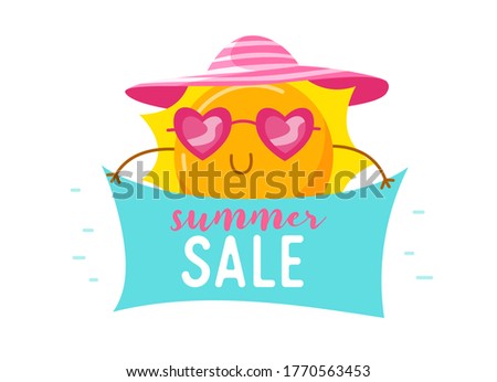 Summer Sale Banner with Cute Sun in Heart Shaped Sunglasses and Hat. Cartoon Kawaii Character Summertime Activity and Summertime Spare Time. Ad Poster Isolated on White Background. Vector Illustration