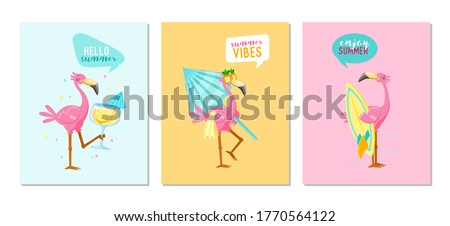 Set of Summer Vibes Banners with Cute Pink Flamingo Drink Cocktail, Carry Umbrella and Surf Board. Hello Summer Posters with Cartoon Character Vacation Activity and Spare Time. Vector Illustration Royalty-Free Stock Photo #1770564122