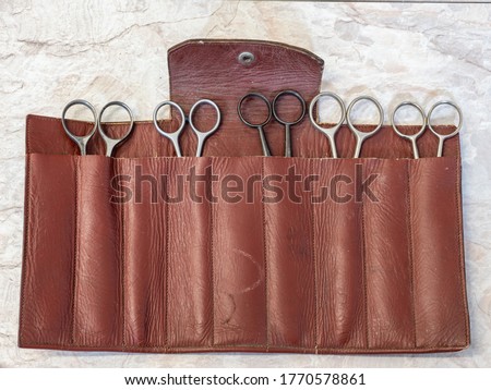Antique scissors set of a hairdressing salon