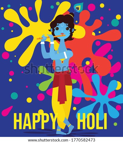 Vector illustration of Indian God Krishna and Radha celebrating colourful Holi festival. colourful background for Festival of Colour. Holi is a Indian festival of color