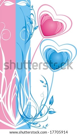 Two hearts. Floral decorative background for card. Vector