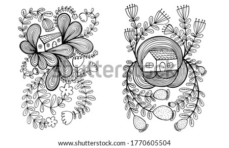 Small house surrounded by flowers. Hand drawn doodle illustration. Relaxing art therapy. Simple floral elements isolated on white background