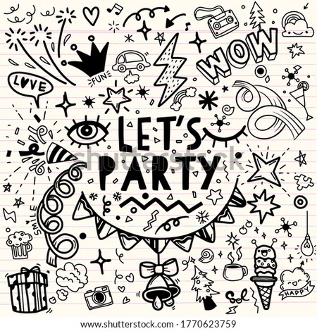 illustration, Set of Party illustration ,Hand drawn doodle Sketch line , party set. Sketch icons for invitation  flyer  poster