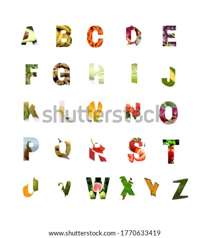 Abcd Letters with vegetable and fruits Pictures, Capital Letters,colorful letters with images,different colors, A-Z alphabets,learn abc for pre-school and kids