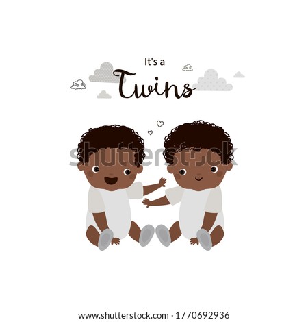 Twin baby boys. Brothers. Two african american babies. Cute vector cartoon illustration. It's a twins. 
