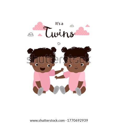 Twin baby girls. Sisters. Two african american babies. Cute vector cartoon illustration. It's a twins. 