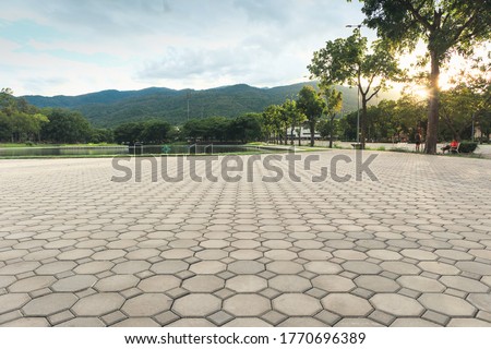 Paver brick floor also call brick paving, paving stone or block paving.
Manufactured from concrete or stone for road, path, driveway and patio. Empty floor in perspective view for texture background. Royalty-Free Stock Photo #1770696389