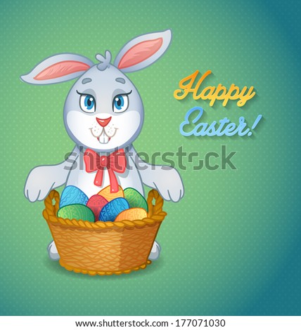Easter bunny rabbit with Easter basket full of decorated Easter eggs. Cute mascot for greeting your children