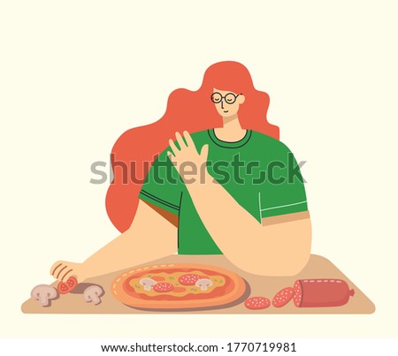 Young girl cooking pizza in kitchen at home. Cooking pizza with ingredients. Vector modern illustration in flat style.