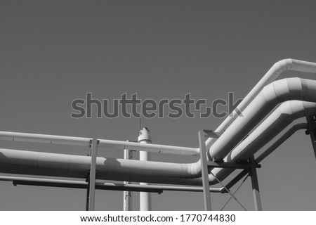 Pipeline and pipe rack of petroleum industrial plant. Offshore Industry oil and gas production petroleum pipeline.  Royalty-Free Stock Photo #1770744830