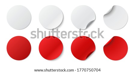 Set circle adhesive symbols. White tags, paper round stickers with peeling corner and shadow, isolated rounded plastic mockup, realistic red round paper adhesive sticker mockup with curved corner Royalty-Free Stock Photo #1770750704