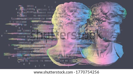 3D rendering of Michelangelo's David head in pixel art 8-bit style with glitchy effect. Concept of Academic art and classical fine arts in modern contemporary stylization.