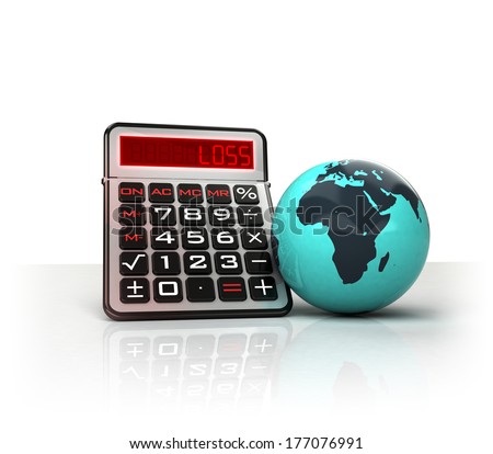 Africa globe with negative business calculations  isolated on white illustration