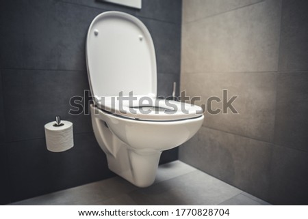 Ceramic white toilet bowl near grey wall, side light in the modern bathroom